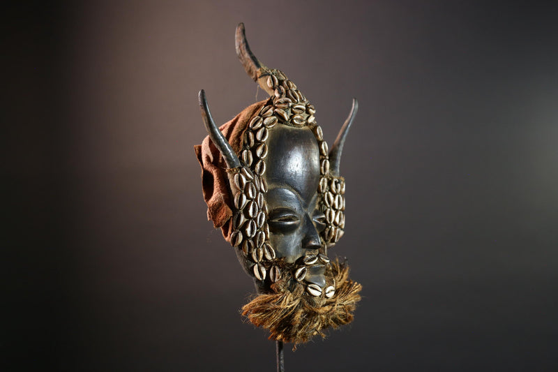 African Dan Tribal Mask Hand Carved Wood Cowrie Shell Raffia Beard Horns Authentic Cote dIvoire Ritual Art Decor Cultural Heritage-G5650