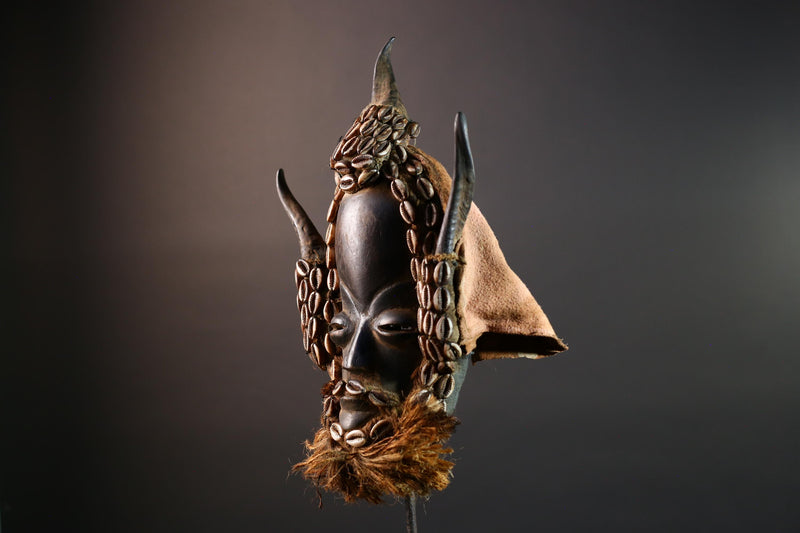 African Dan Tribal Mask Hand Carved Wood Cowrie Shell Raffia Beard Horns Authentic Cote dIvoire Ritual Art Decor Cultural Heritage-G5650