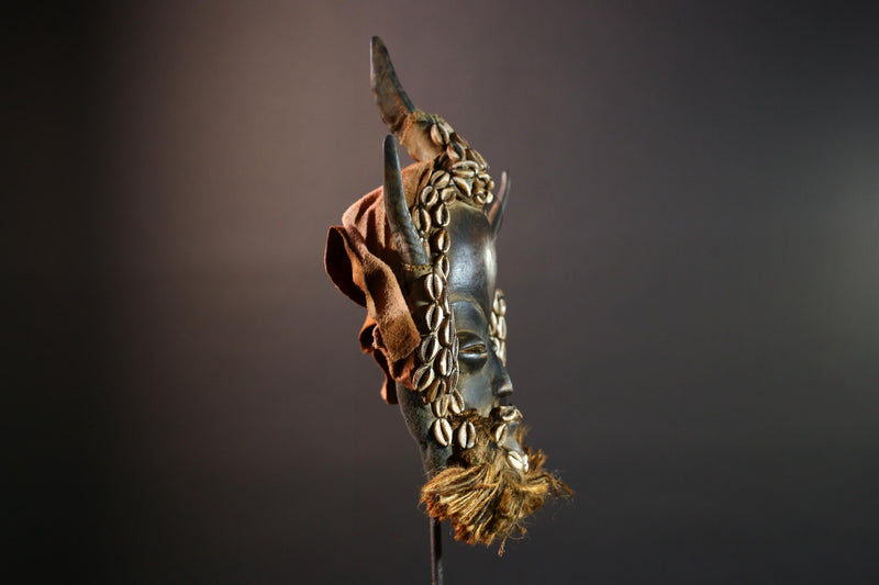 African Dan Tribal Mask Hand Carved Wood Cowrie Shell Raffia Beard Horns Authentic Cote dIvoire Ritual Art Decor Cultural Heritage-G5650