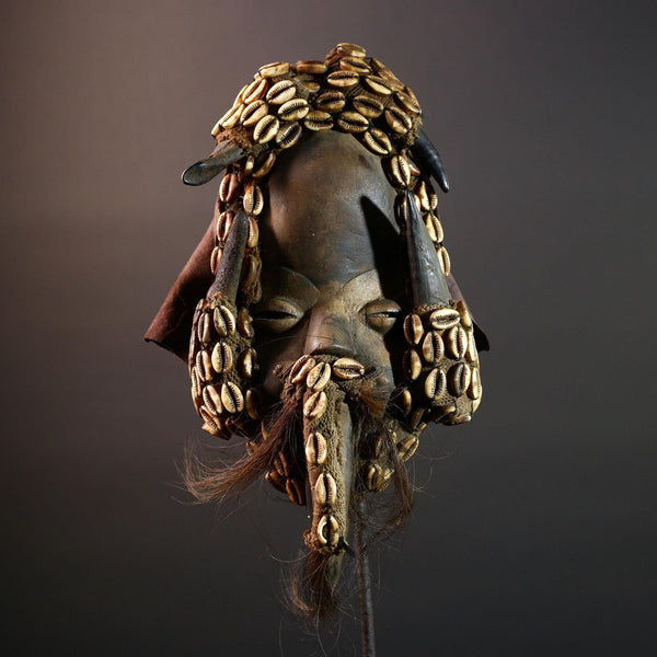 Authentic African Dan Mask Hand-Carved Wood with Cowrie Shells and Raffia Beard Cote d’Ivoire Tribal Ritual Art Decor Heritage Piece-G5654