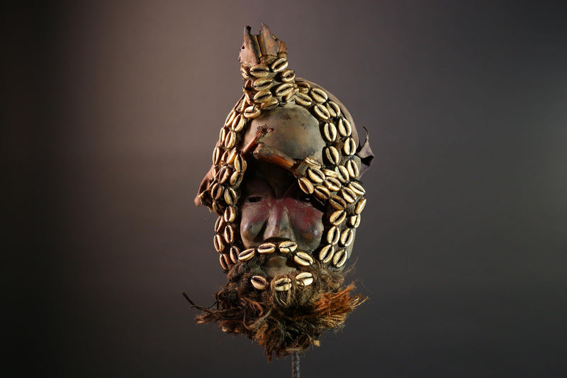 Authentic African Dan Cowrie Shell Mask Handcrafted Wood Carving with Raffia Beard | Cote d’Ivoire Tribal Ritual Art & Decor Rare.-G5655