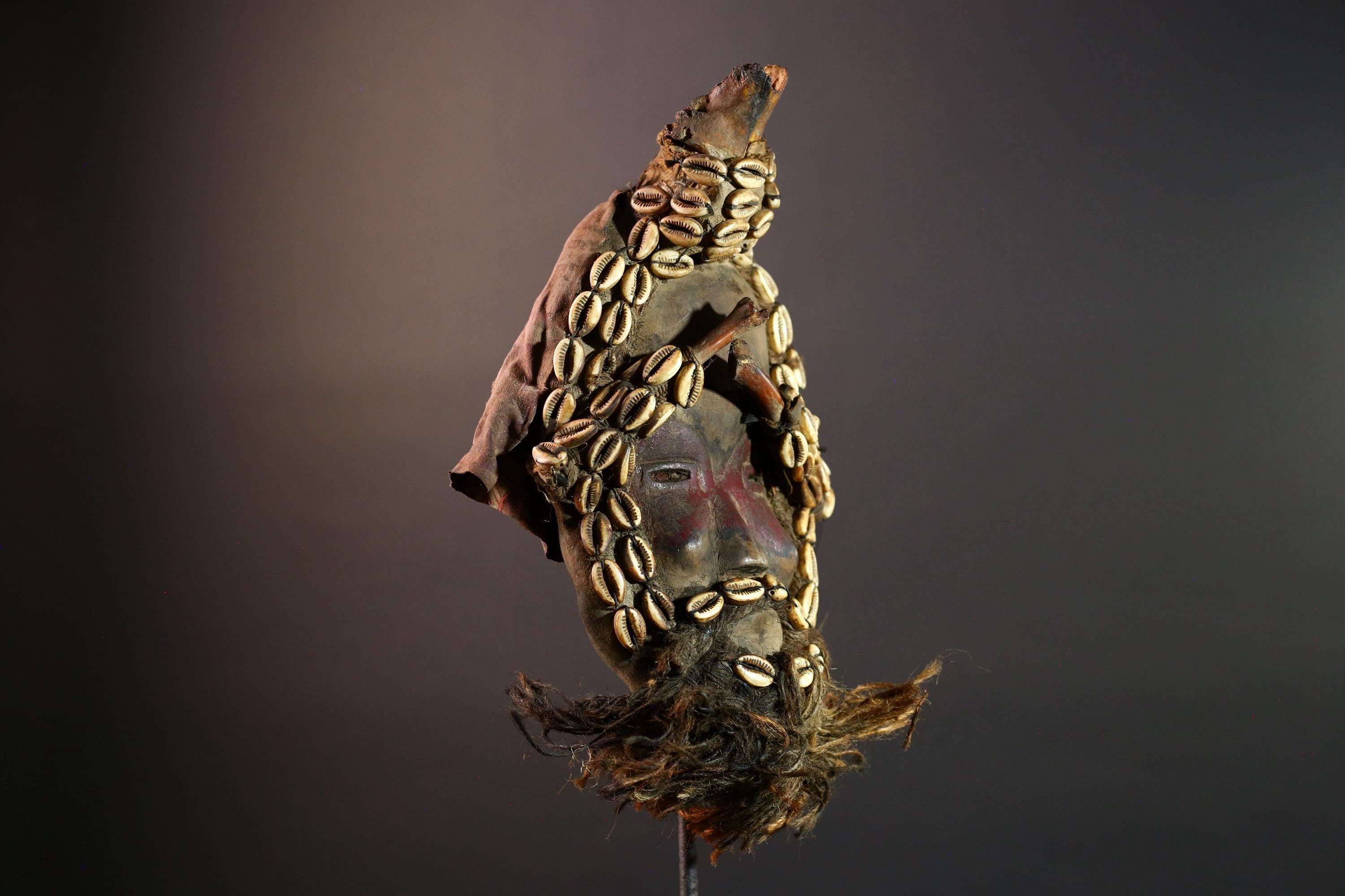 Authentic African Dan Cowrie Shell Mask Handcrafted Wood Carving with Raffia Beard | Cote d’Ivoire Tribal Ritual Art & Decor Rare.-G5655