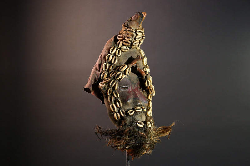 Authentic African Dan Cowrie Shell Mask Handcrafted Wood Carving with Raffia Beard | Cote d’Ivoire Tribal Ritual Art & Decor Rare.-G5655