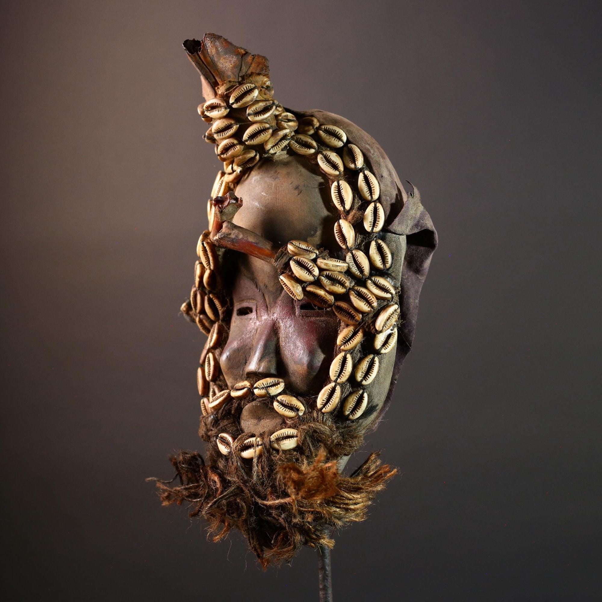 Authentic African Dan Cowrie Shell Mask Handcrafted Wood Carving with Raffia Beard | Cote d’Ivoire Tribal Ritual Art & Decor Rare.-G5655
