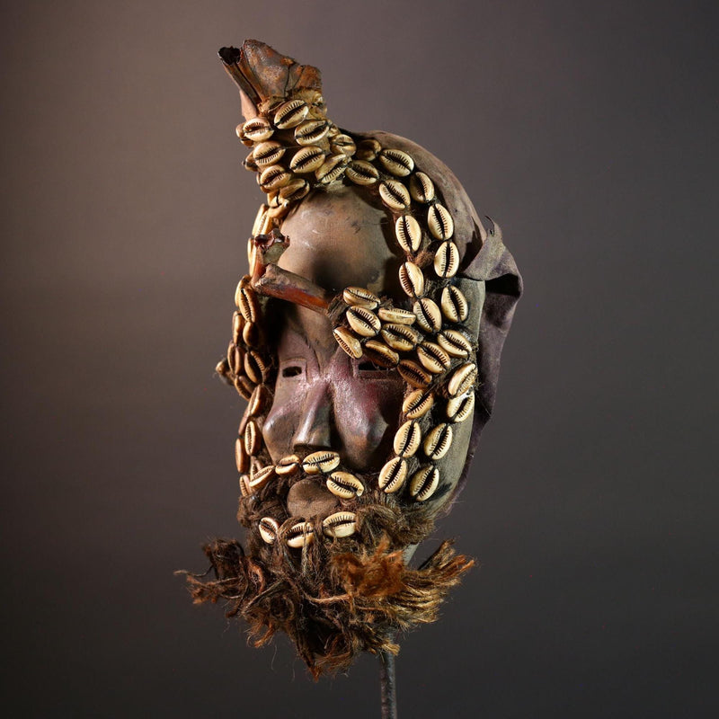 Authentic African Dan Cowrie Shell Mask Handcrafted Wood Carving with Raffia Beard | Cote d’Ivoire Tribal Ritual Art & Decor Rare.-G5655