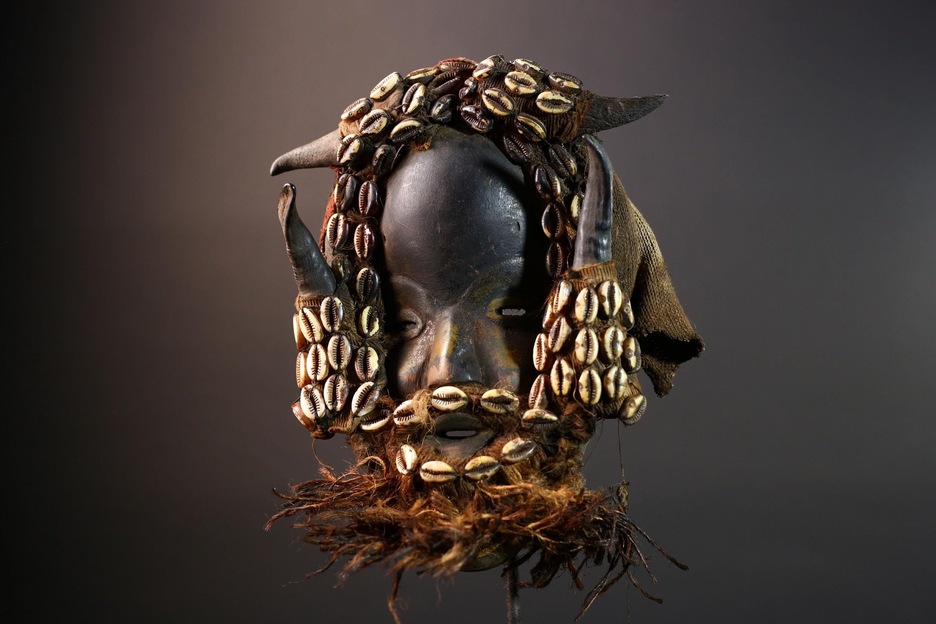 Dan Mask Carved Wood Sculpture with Horns and Cowrie Shells Tribal Face Ritual Decor West Africa Vintage Collectible Ethnic Heritage-G5662
