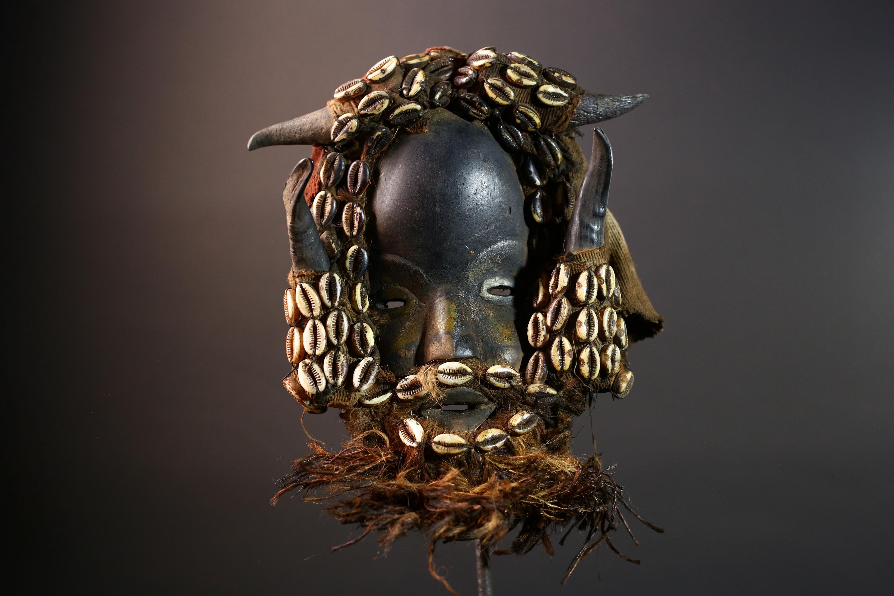 Dan Mask Carved Wood Sculpture with Horns and Cowrie Shells Tribal Face Ritual Decor West Africa Vintage Collectible Ethnic Heritage-G5662