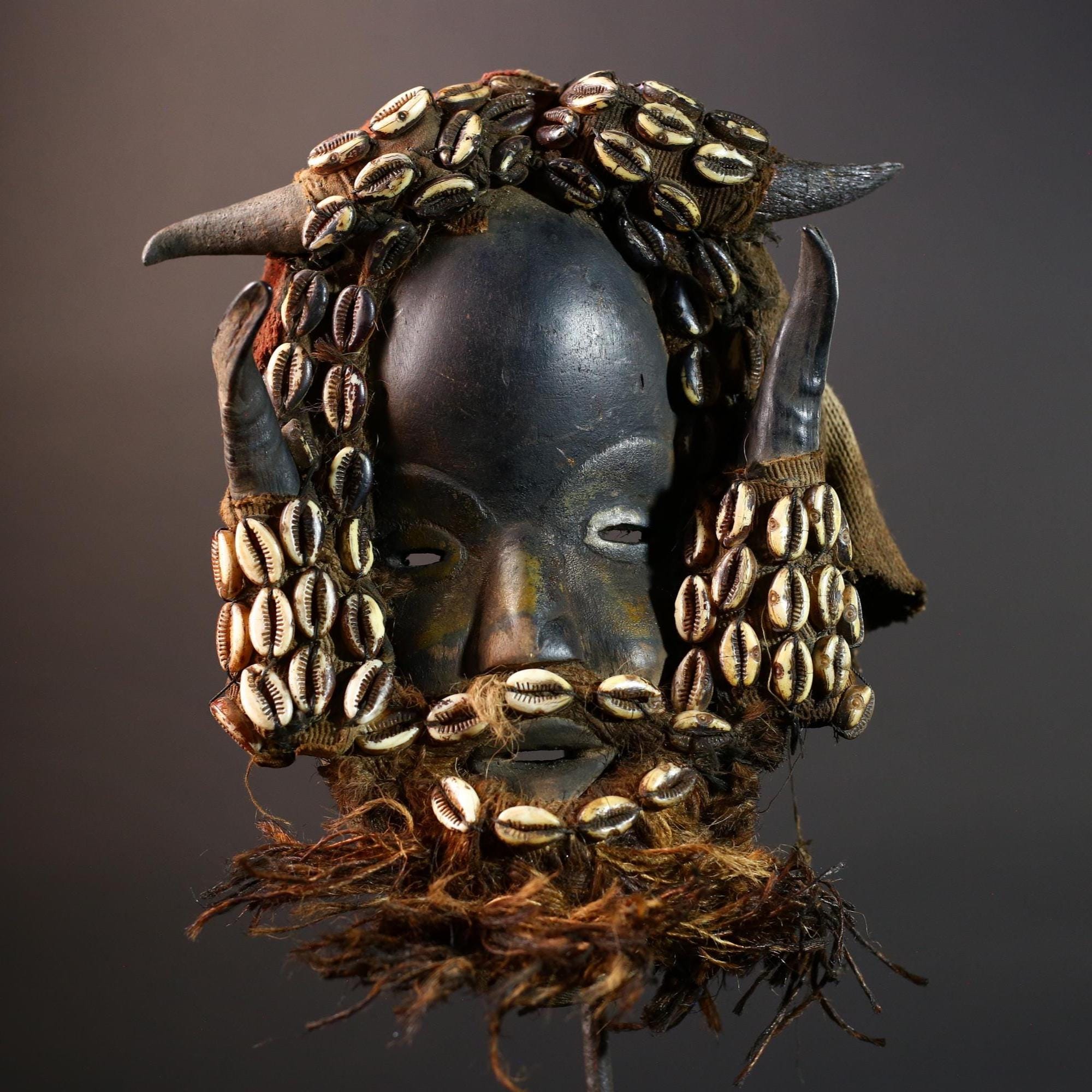 Dan Mask Carved Wood Sculpture with Horns and Cowrie Shells Tribal Face Ritual Decor West Africa Vintage Collectible Ethnic Heritage-G5662