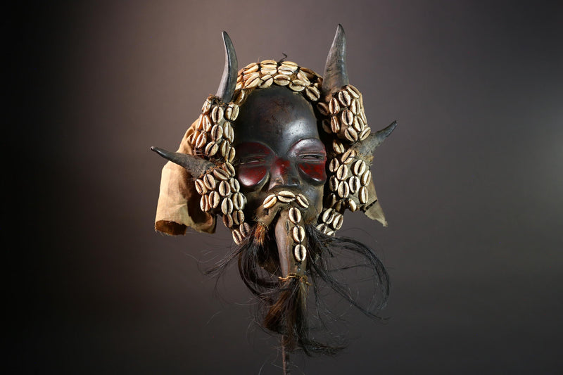 African Dan Horned Mask Carved Wood Cowrie Shell Horsehair Textile Ritual Face Art Decor West Africa Spiritual Ceremony Authentic-G5663