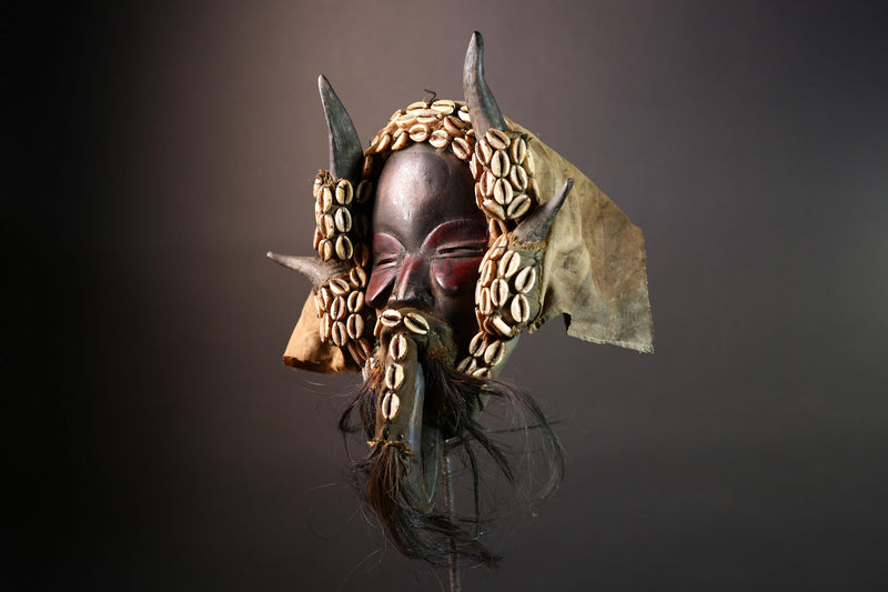 African Dan Horned Mask Carved Wood Cowrie Shell Horsehair Textile Ritual Face Art Decor West Africa Spiritual Ceremony Authentic-G5663