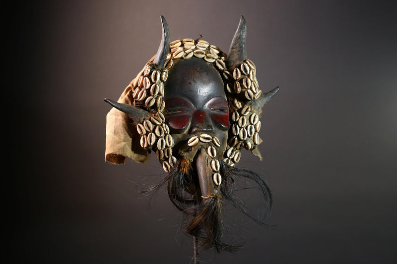 African Dan Horned Mask Carved Wood Cowrie Shell Horsehair Textile Ritual Face Art Decor West Africa Spiritual Ceremony Authentic-G5663