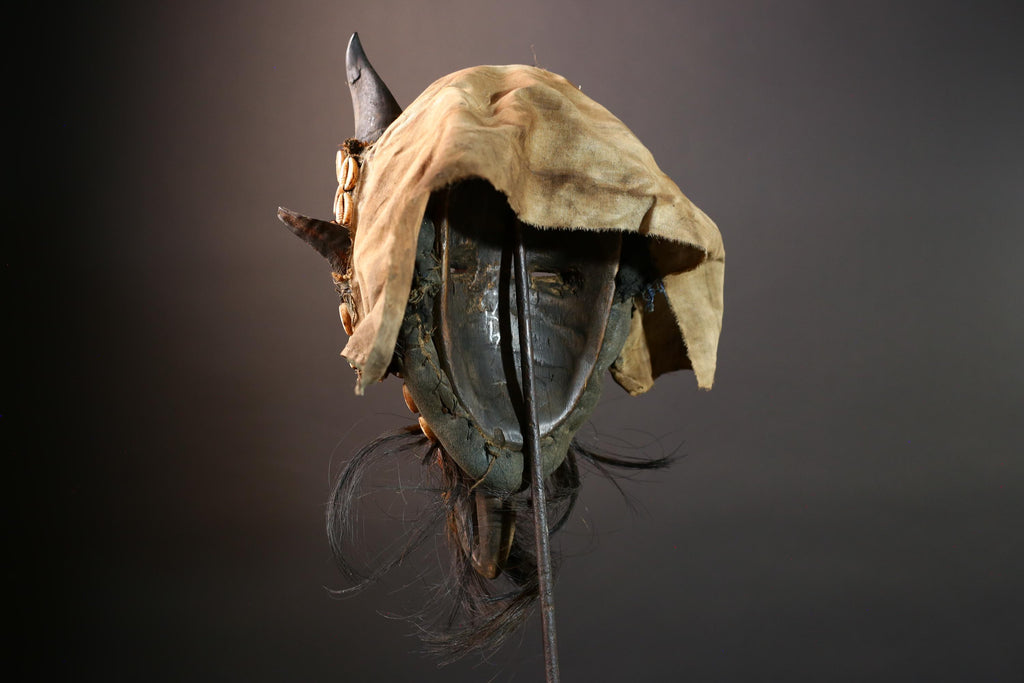 African Dan Horned Mask Carved Wood Cowrie Shell Horsehair Textile Ritual Face Art Decor West Africa Spiritual Ceremony Authentic-G5663
