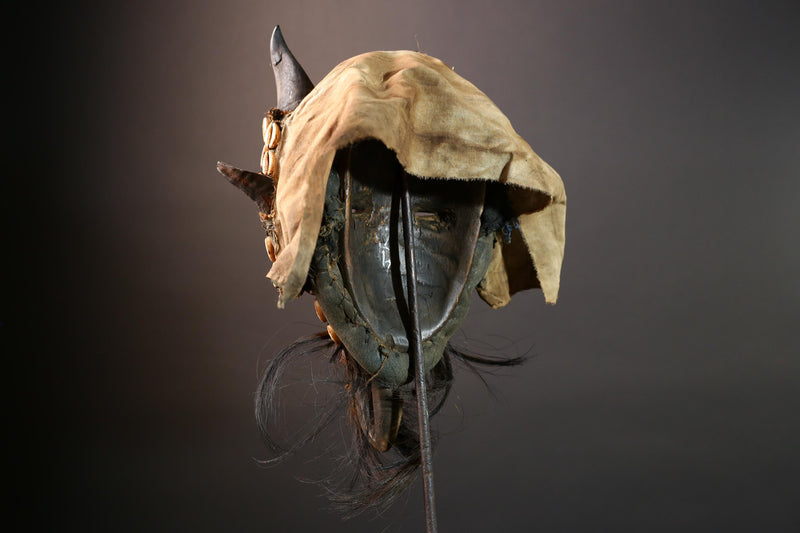 African Dan Horned Mask Carved Wood Cowrie Shell Horsehair Textile Ritual Face Art Decor West Africa Spiritual Ceremony Authentic-G5663