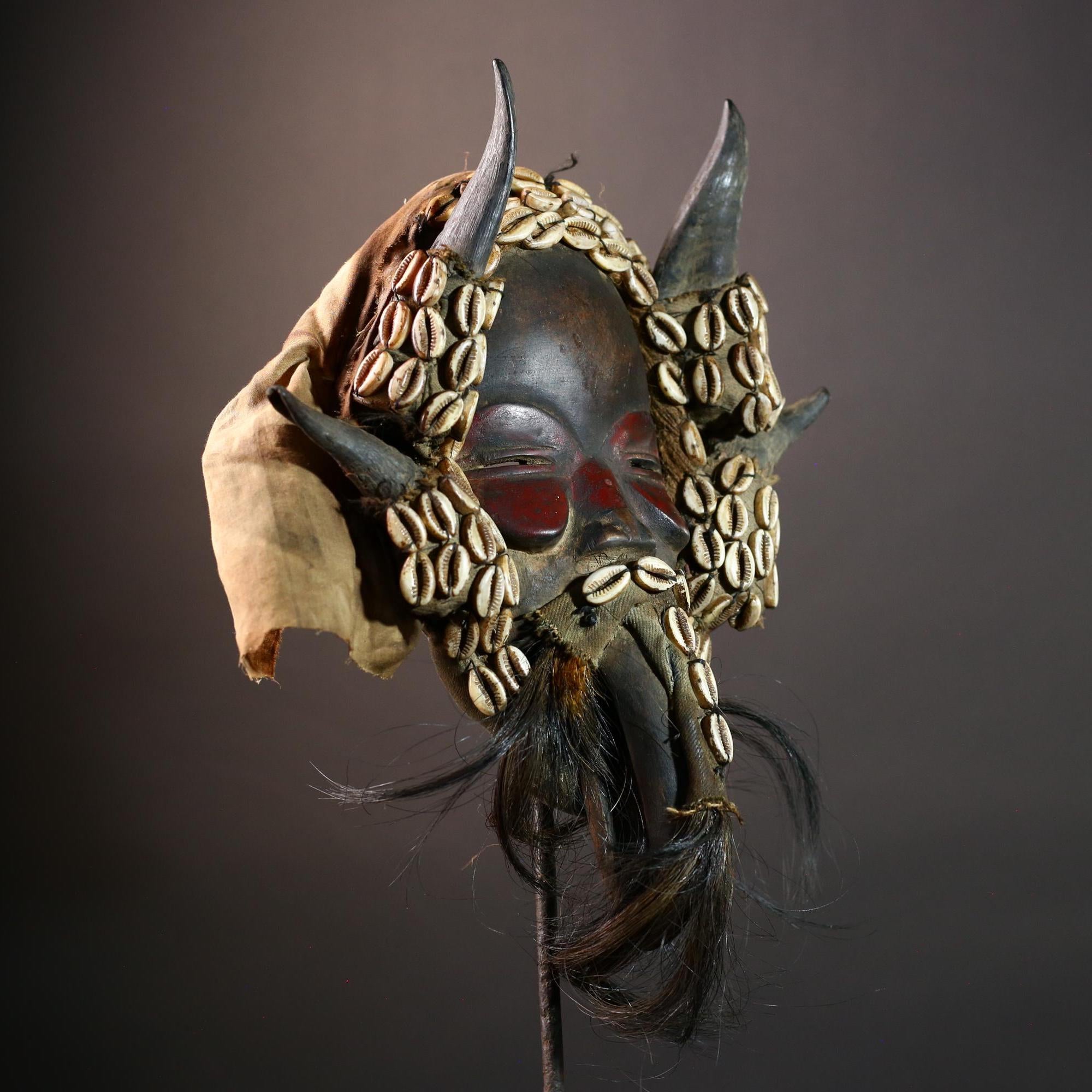 African Dan Horned Mask Carved Wood Cowrie Shell Horsehair Textile Ritual Face Art Decor West Africa Spiritual Ceremony Authentic-G5663
