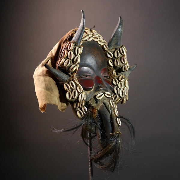 African Dan Horned Mask Carved Wood Cowrie Shell Horsehair Textile Ritual Face Art Decor West Africa Spiritual Ceremony Authentic-G5663