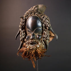 African Dan Horned Cowrie Shell Mask Carved Wood Tribal Face Liberia Ritual Art Decor Collectible Spiritual Ceremony Authentic New-G5664
