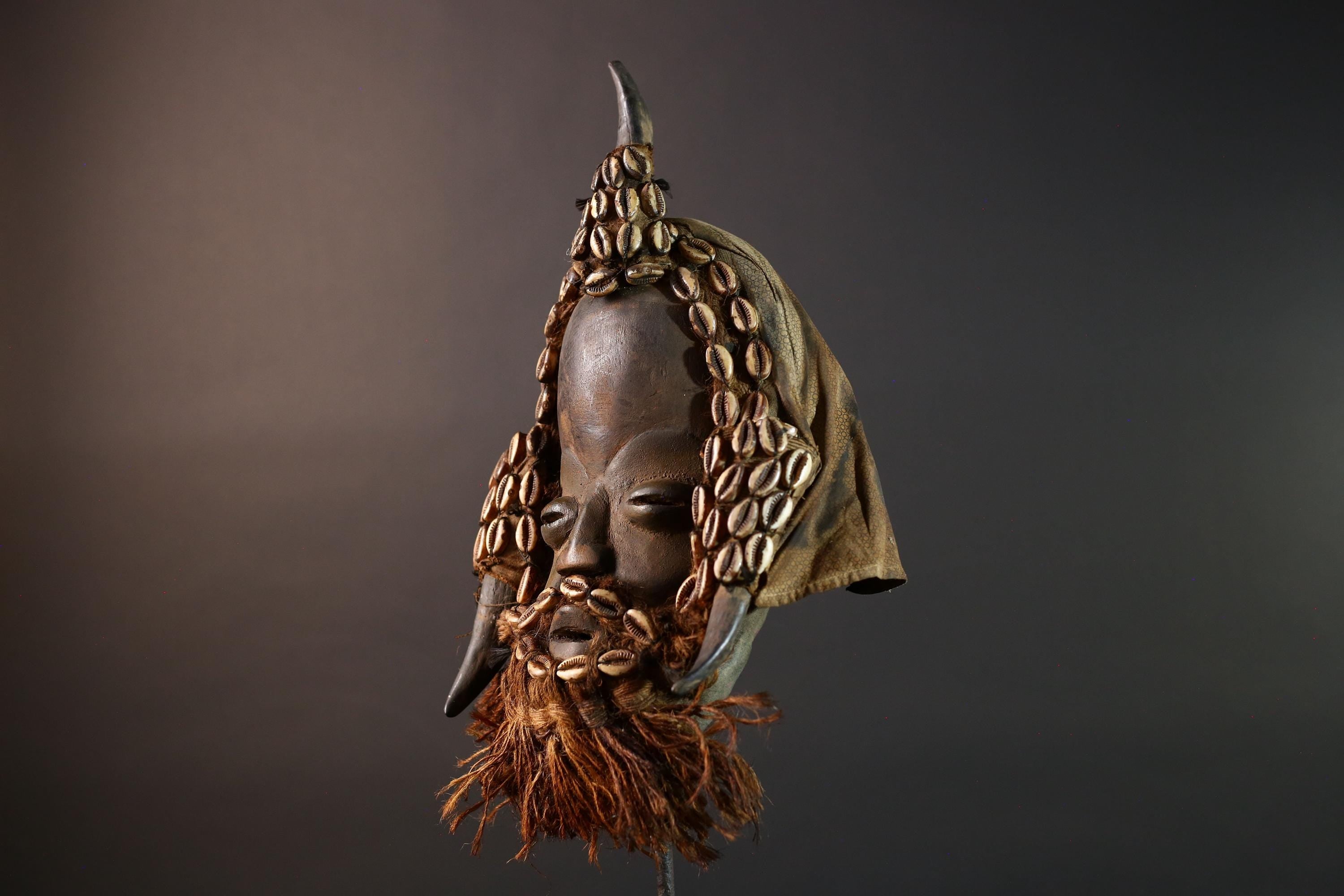 African Dan Horned Mask Carved Wood Cowrie Shell Horsehair Textile Ritual Art Decor West Africa Spiritual Ceremony Authentic Rare-G5665
