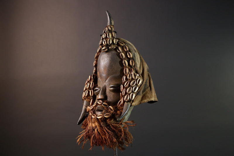 African Dan Horned Mask Carved Wood Cowrie Shell Horsehair Textile Ritual Art Decor West Africa Spiritual Ceremony Authentic Rare-G5665
