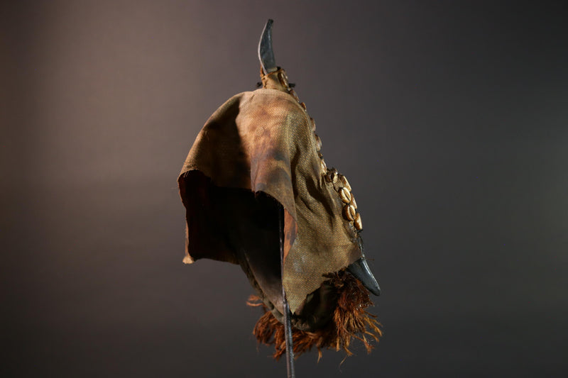 African Dan Horned Mask Carved Wood Cowrie Shell Horsehair Textile Ritual Art Decor West Africa Spiritual Ceremony Authentic Rare-G5665