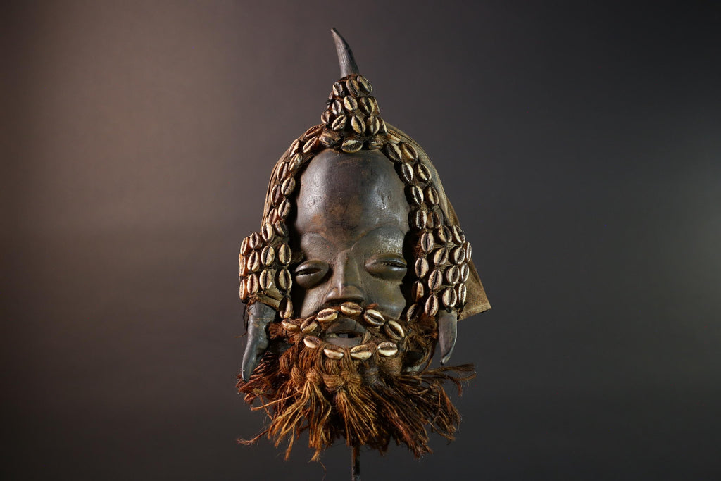 African Dan Horned Mask Carved Wood Cowrie Shell Horsehair Textile Ritual Art Decor West Africa Spiritual Ceremony Authentic Rare-G5665