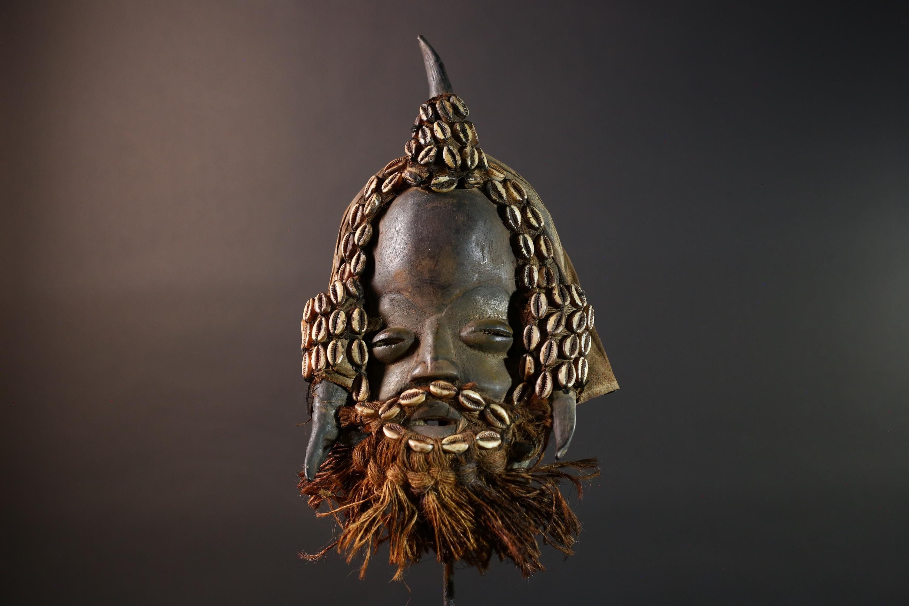 African Dan Horned Mask Carved Wood Cowrie Shell Horsehair Textile Ritual Art Decor West Africa Spiritual Ceremony Authentic Rare-G5665