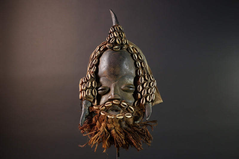 African Dan Horned Mask Carved Wood Cowrie Shell Horsehair Textile Ritual Art Decor West Africa Spiritual Ceremony Authentic Rare-G5665