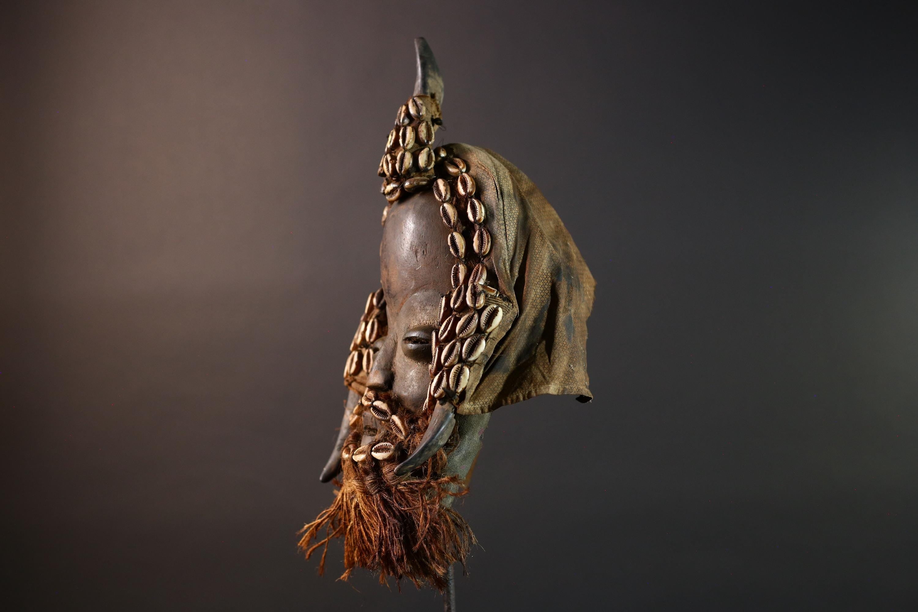 African Dan Horned Mask Carved Wood Cowrie Shell Horsehair Textile Ritual Art Decor West Africa Spiritual Ceremony Authentic Rare-G5665