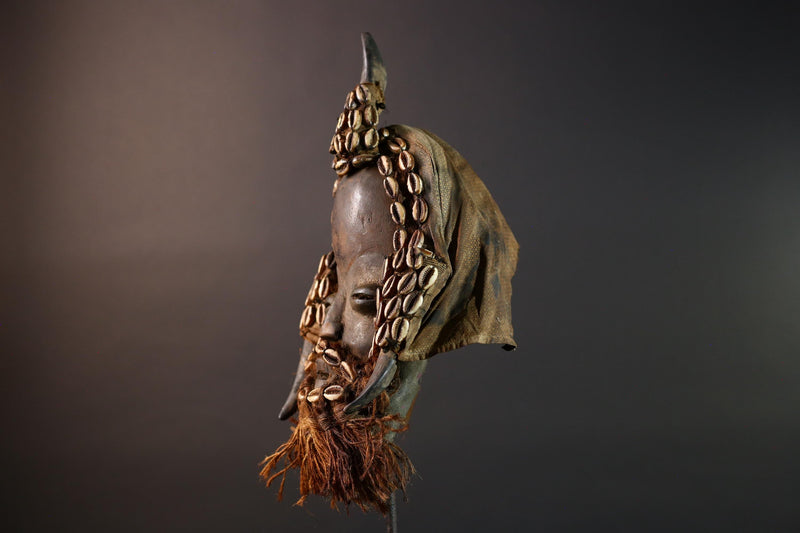 African Dan Horned Mask Carved Wood Cowrie Shell Horsehair Textile Ritual Art Decor West Africa Spiritual Ceremony Authentic Rare-G5665