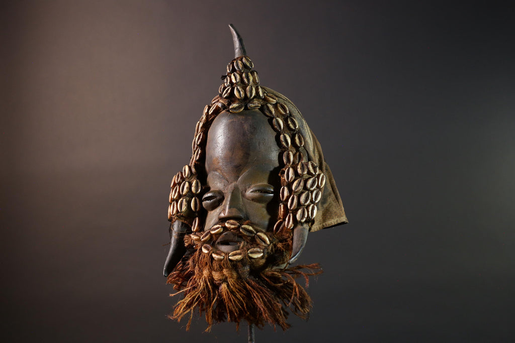 African Dan Horned Mask Carved Wood Cowrie Shell Horsehair Textile Ritual Art Decor West Africa Spiritual Ceremony Authentic Rare-G5665