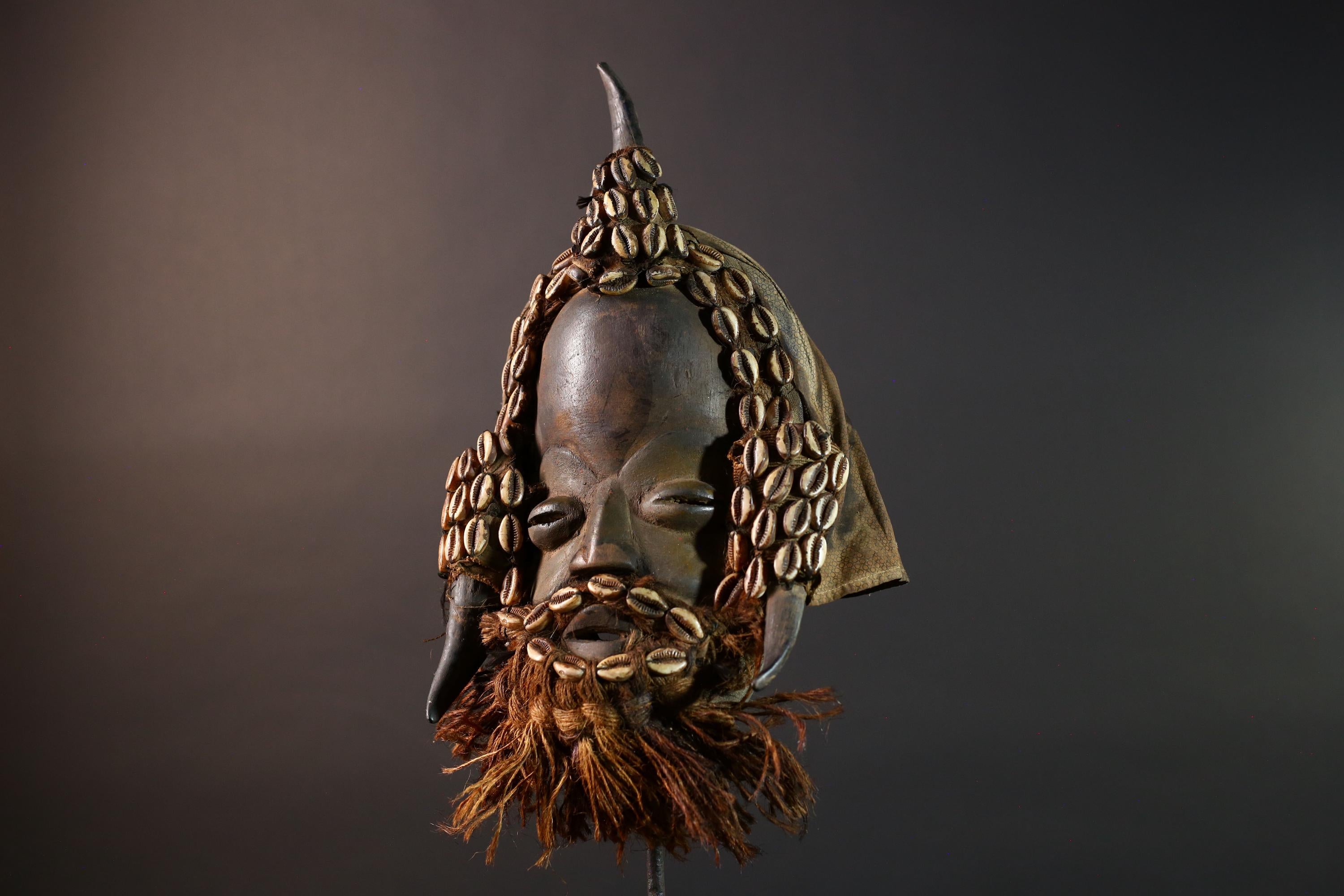 African Dan Horned Mask Carved Wood Cowrie Shell Horsehair Textile Ritual Art Decor West Africa Spiritual Ceremony Authentic Rare-G5665