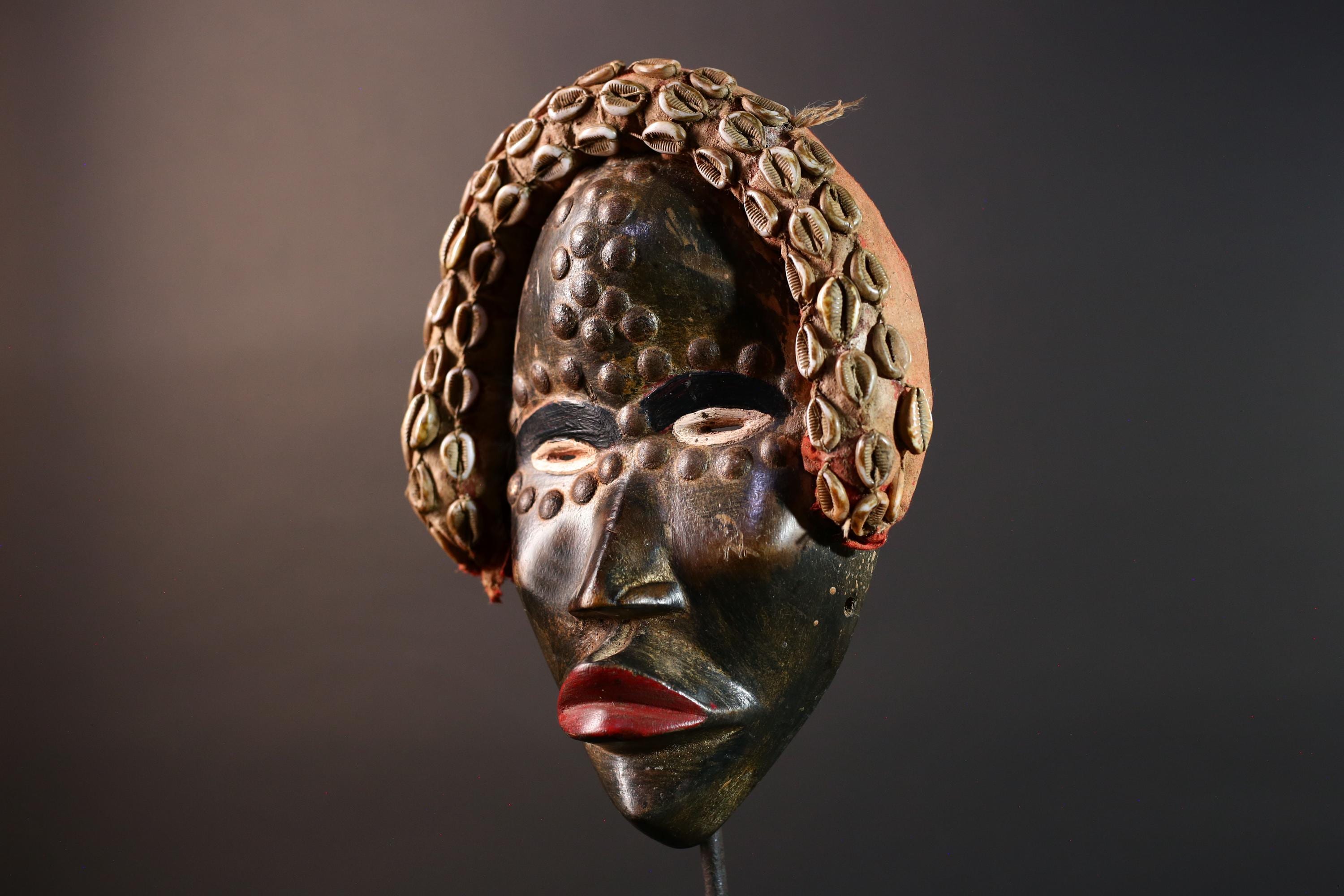 African Dan Mask Carved Wood Tribal Face Cowrie Shell Headdress Liberian Ritual Wall Art Handmade Collectible-G5666