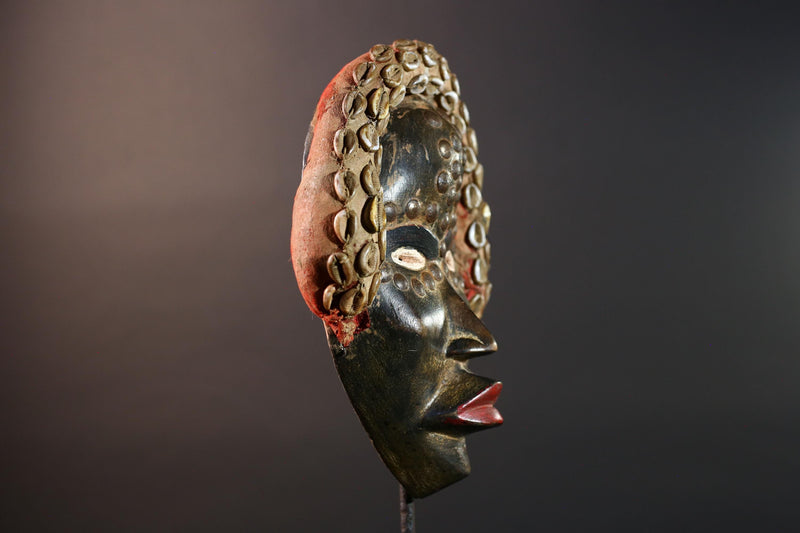 African Dan Mask Carved Wood Tribal Face Cowrie Shell Headdress Liberian Ritual Wall Art Handmade Collectible-G5666