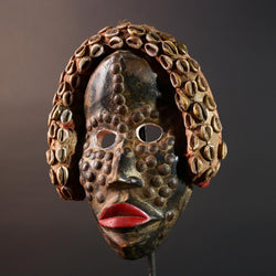 Africa Dan Mask Carved Wood Tribal Face Headdress with Cowrie Shells Liberian Ceremonial Art Ethnic Home Decor Primitive Folk Art Rare-G5667