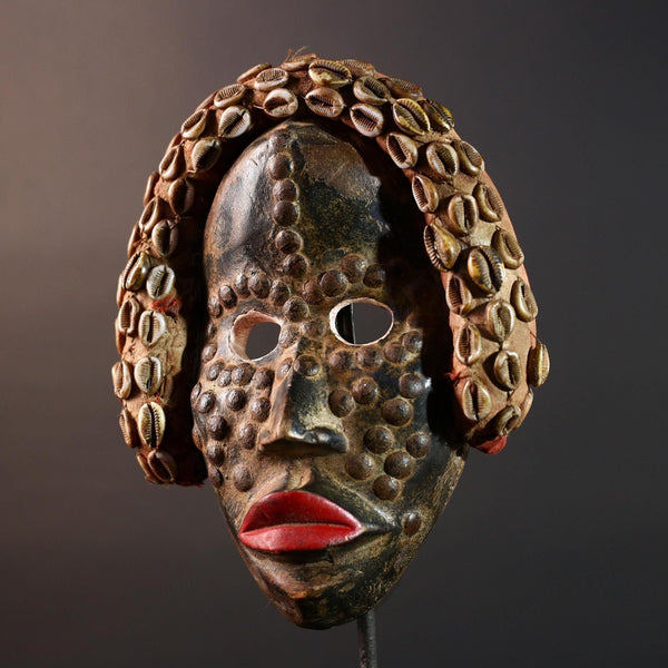Africa Dan Mask Carved Wood Tribal Face Headdress with Cowrie Shells Liberian Ceremonial Art Ethnic Home Decor Primitive Folk Art Rare-G5667