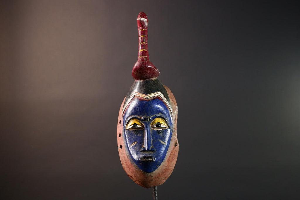 Hand Carved African Mask Baule Tribal Art Blue Face Wall Hanging Mask with Bird Sculpture Wood Decor from Ivory Coast -G5669