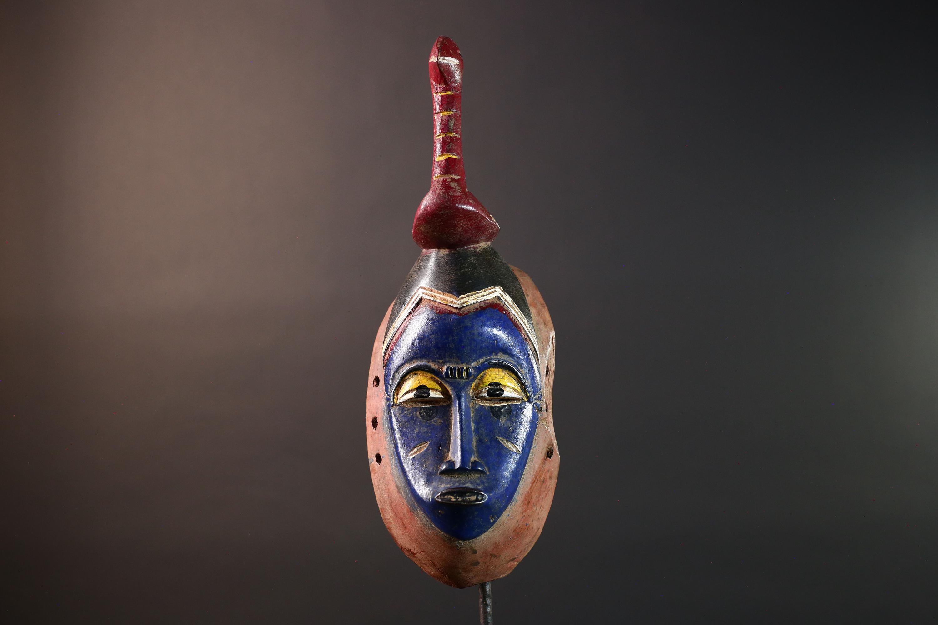 Hand Carved African Mask Baule Tribal Art Blue Face Wall Hanging Mask with Bird Sculpture Wood Decor from Ivory Coast -G5669