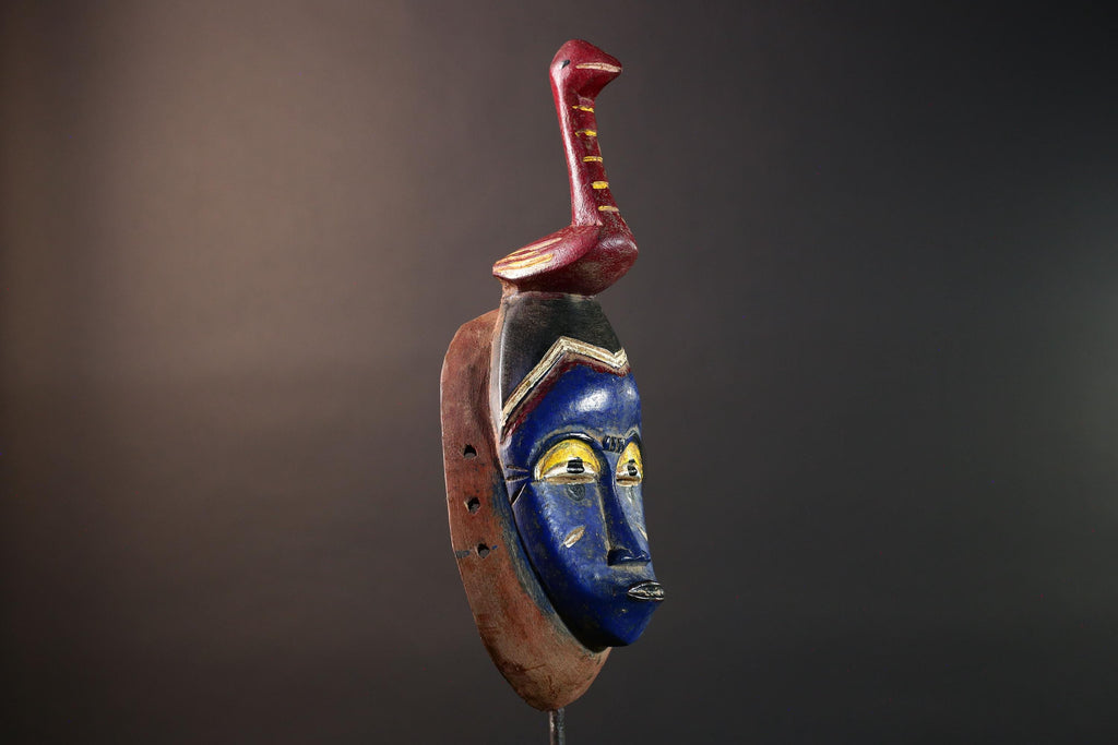 Hand Carved African Mask Baule Tribal Art Blue Face Wall Hanging Mask with Bird Sculpture Wood Decor from Ivory Coast -G5669