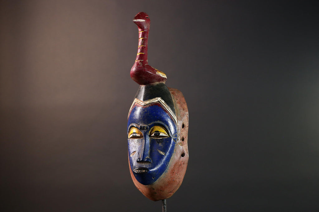 Hand Carved African Mask Baule Tribal Art Blue Face Wall Hanging Mask with Bird Sculpture Wood Decor from Ivory Coast -G5669