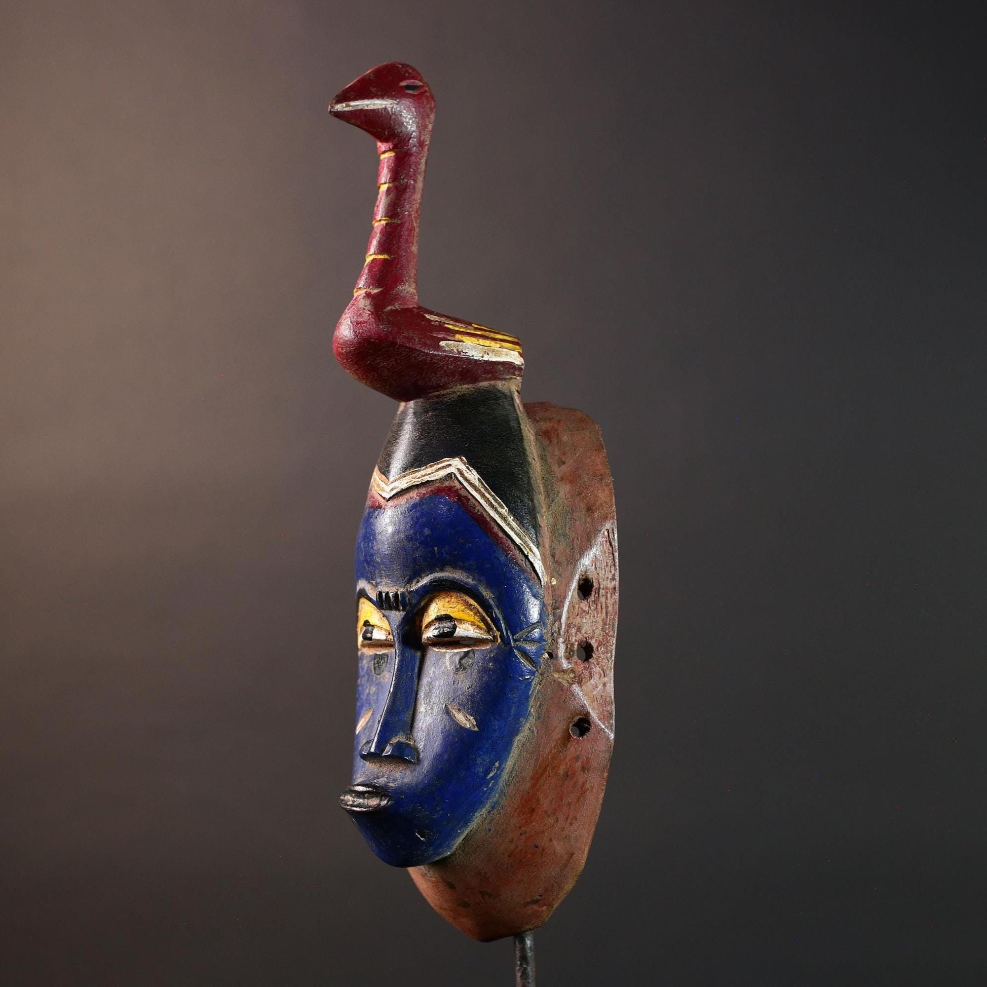 Hand Carved African Mask Baule Tribal Art Blue Face Wall Hanging Mask with Bird Sculpture Wood Decor from Ivory Coast -G5669