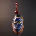 Hand Carved African Mask Baule Tribal Art Blue Face Wall Hanging Mask with Bird Sculpture Wood Decor from Ivory Coast -G5669