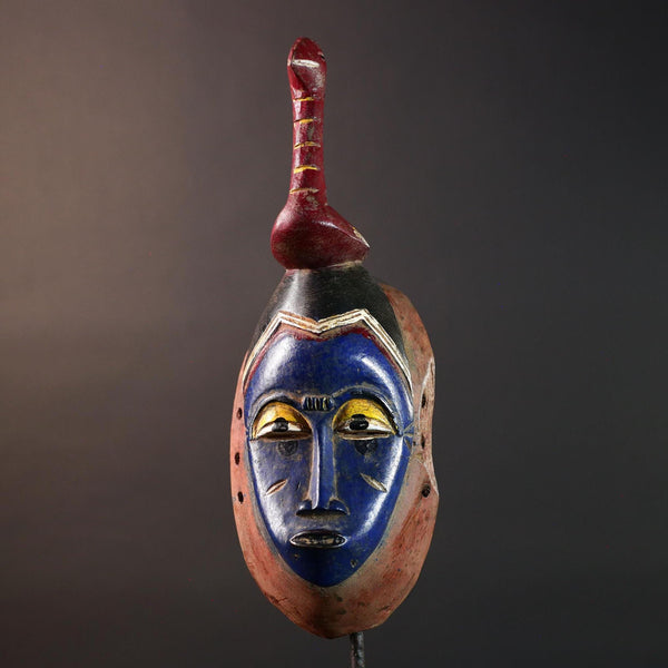 Hand Carved African Mask Baule Tribal Art Blue Face Wall Hanging Mask with Bird Sculpture Wood Decor from Ivory Coast -G5669