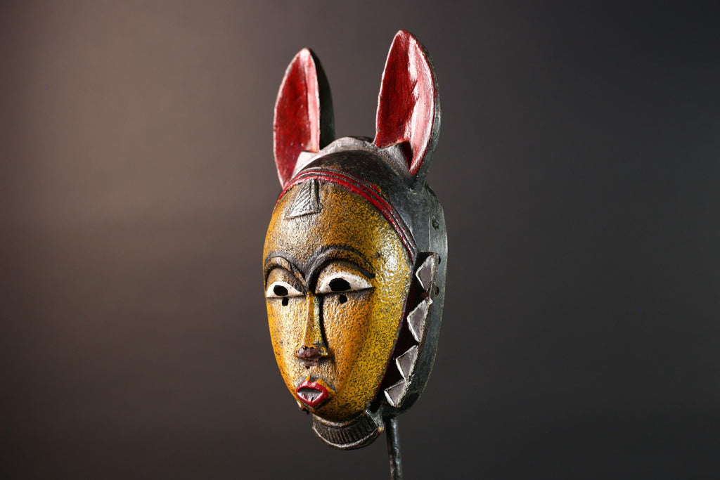 African Guro Tribal Mask Hand Carved Wood YeKeba Face Art Sculpture Decor from Côte d’Ivoire with Geometric Red Black Accents -G5670