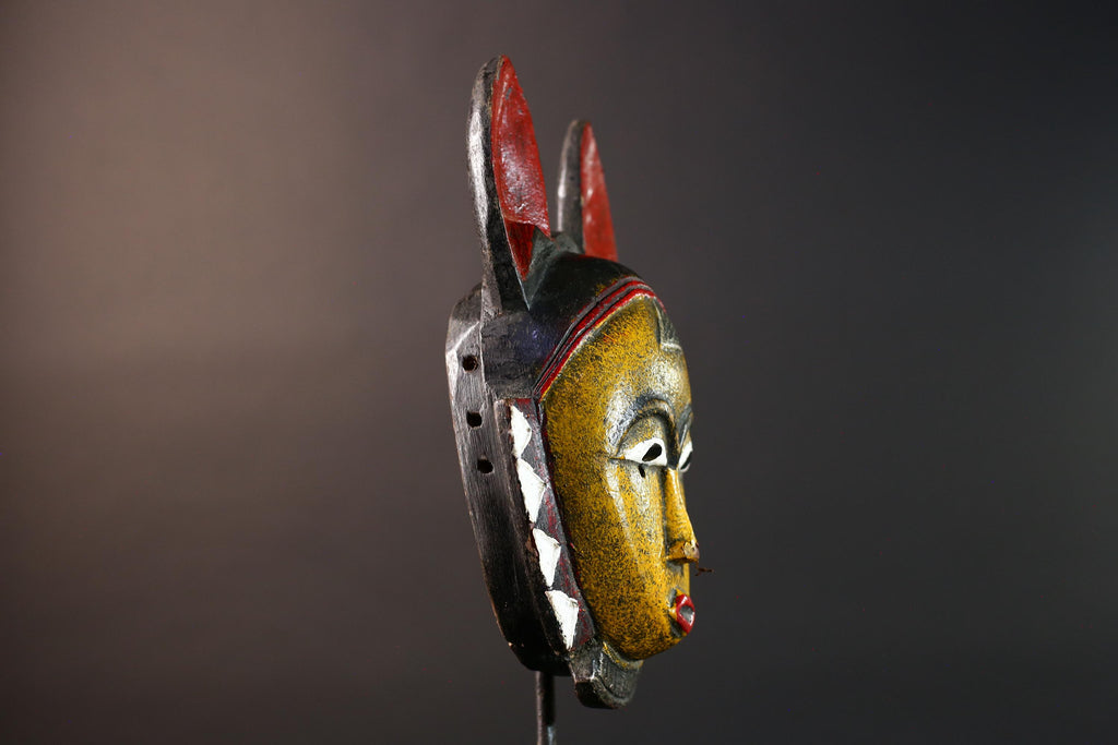 African Guro Tribal Mask Hand Carved Wood YeKeba Face Art Sculpture Decor from Côte d’Ivoire with Geometric Red Black Accents -G5670