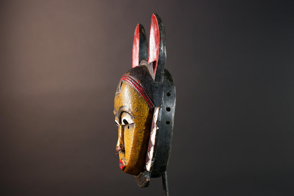 African Guro Tribal Mask Hand Carved Wood YeKeba Face Art Sculpture Decor from Côte d’Ivoire with Geometric Red Black Accents -G5670