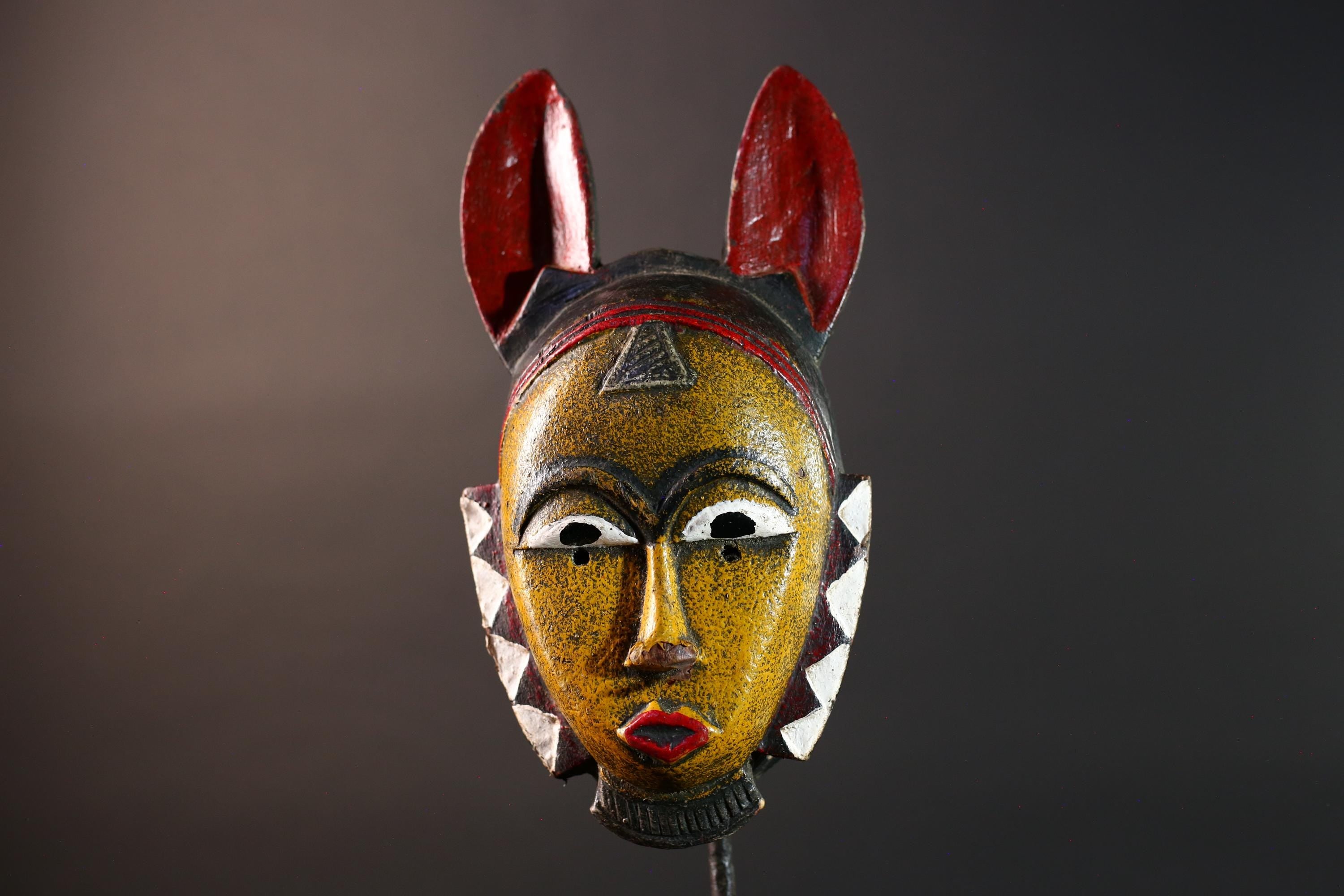 African Guro Tribal Mask Hand Carved Wood YeKeba Face Art Sculpture Decor from Côte d’Ivoire with Geometric Red Black Accents -G5670