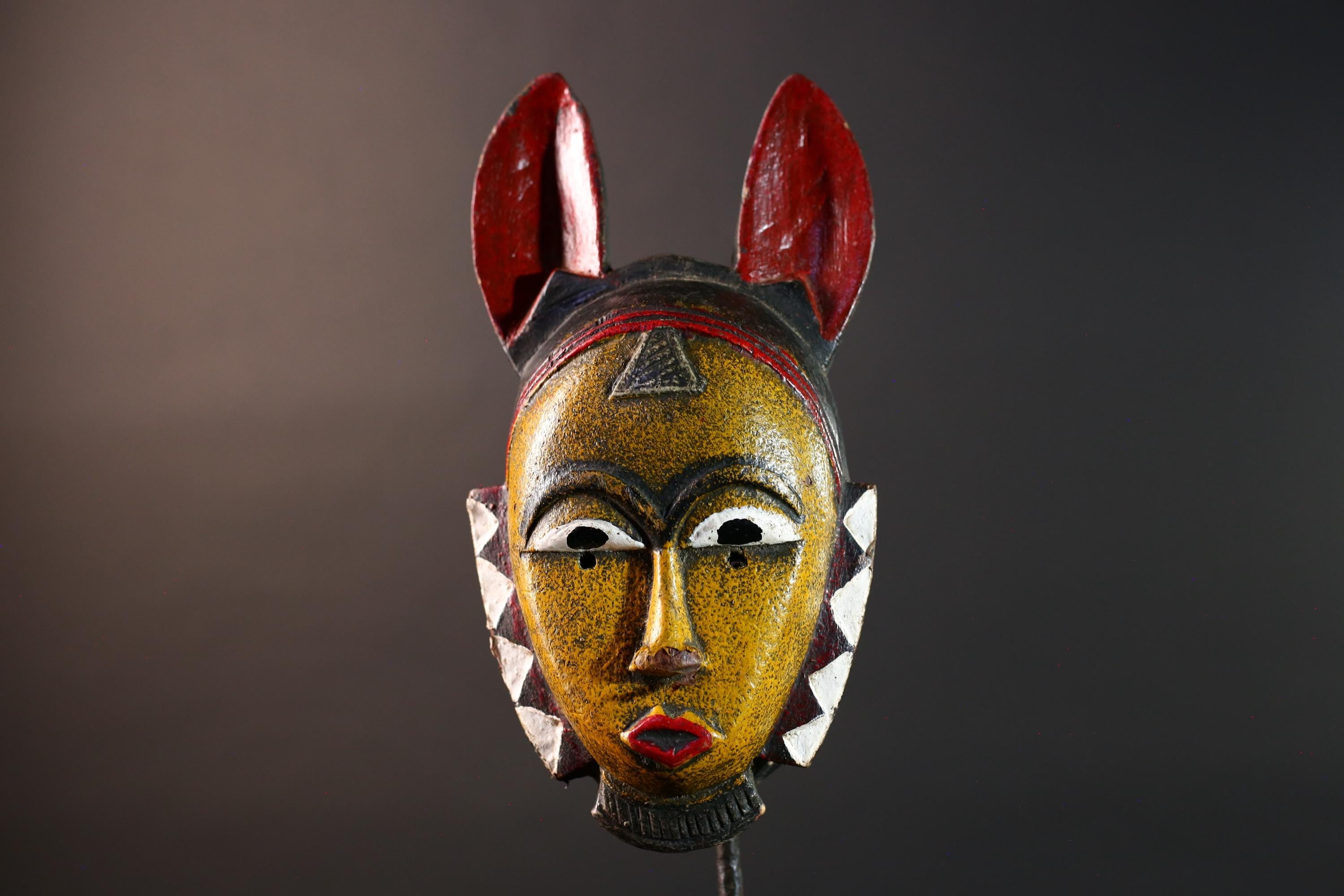 African Guro Tribal Mask Hand Carved Wood YeKeba Face Art Sculpture Decor from Côte d’Ivoire with Geometric Red Black Accents -G5670