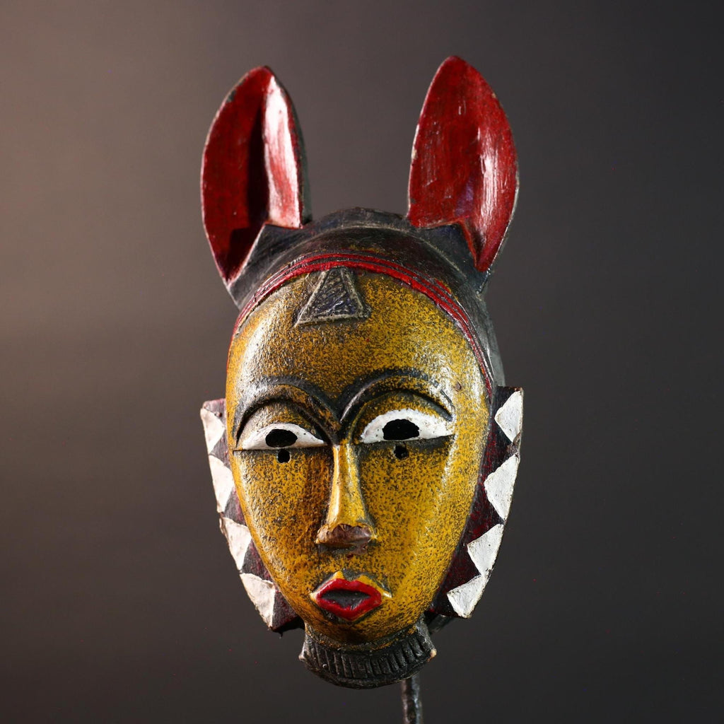 African Guro Tribal Mask Hand Carved Wood YeKeba Face Art Sculpture Decor from Côte d’Ivoire with Geometric Red Black Accents -G5670