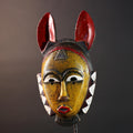 African Guro Tribal Mask Hand Carved Wood YeKeba Face Art Sculpture Decor from Côte d’Ivoire with Geometric Red Black Accents -G5670