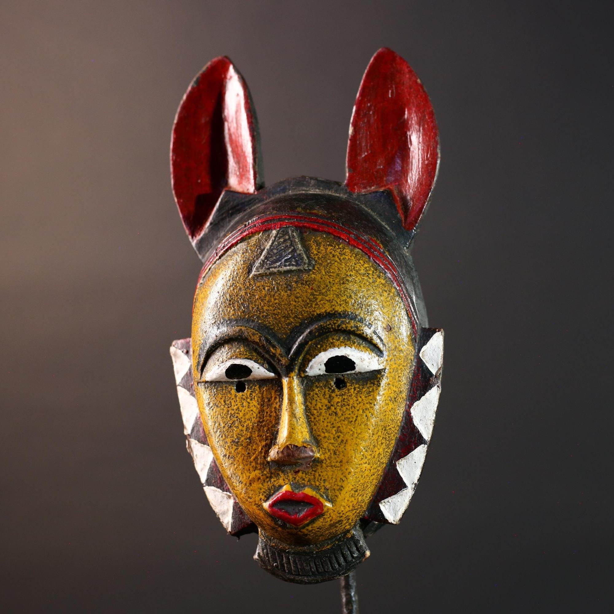 African Guro Tribal Mask Hand Carved Wood YeKeba Face Art Sculpture Decor from Côte d’Ivoire with Geometric Red Black Accents -G5670