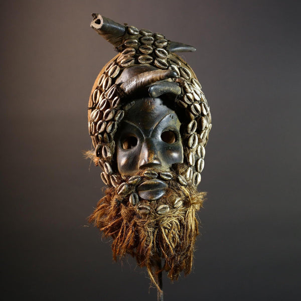 African Dan Antelope Mask Tribal Carved Wood Face Côte d’Ivoire Cowrie Beard Horns Ritual Wall Art Decor Mask African-G5671